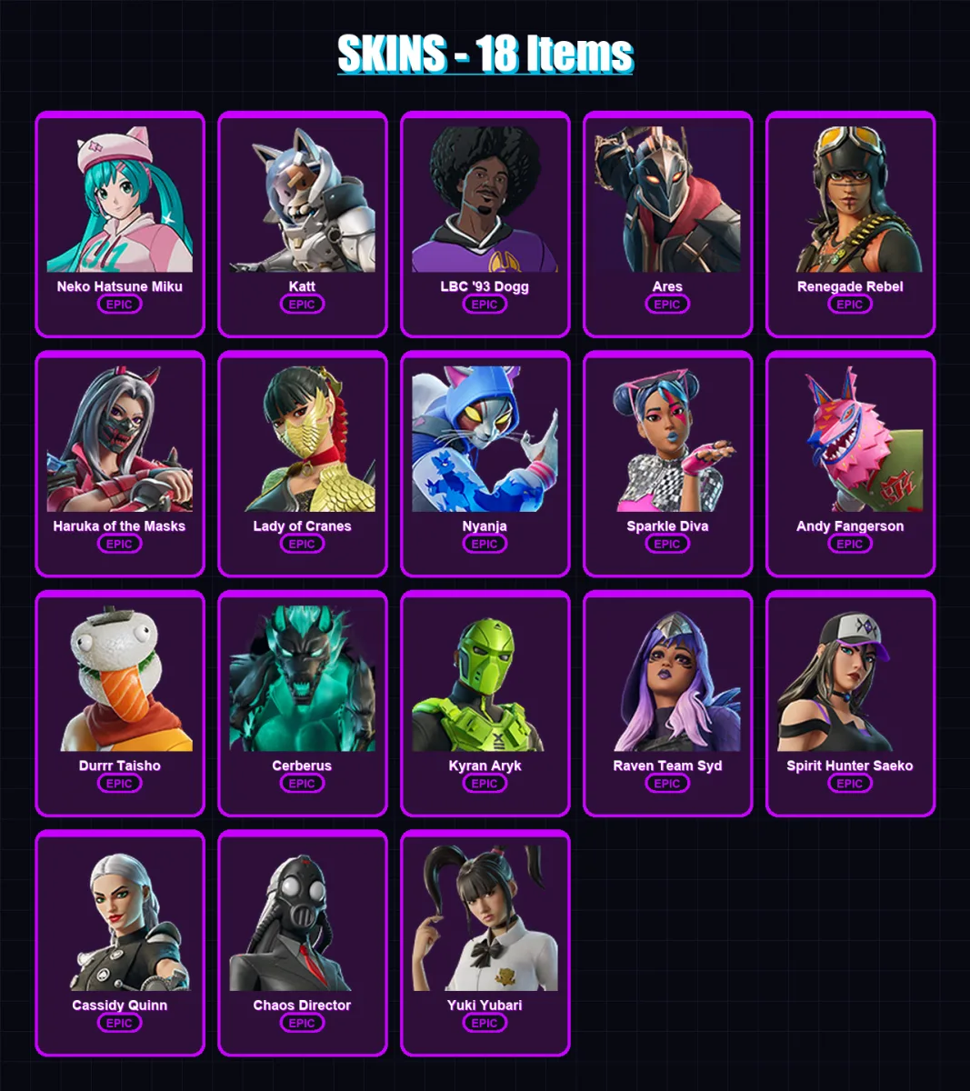 [PC/XBOX/PSN] | Neko Hatsune Miku | Katt | LBC '93 Dogg | Ares | Renegade Rebel | 18 skin | 14 pickaxe | 2 emote | 3 glider | Lv29