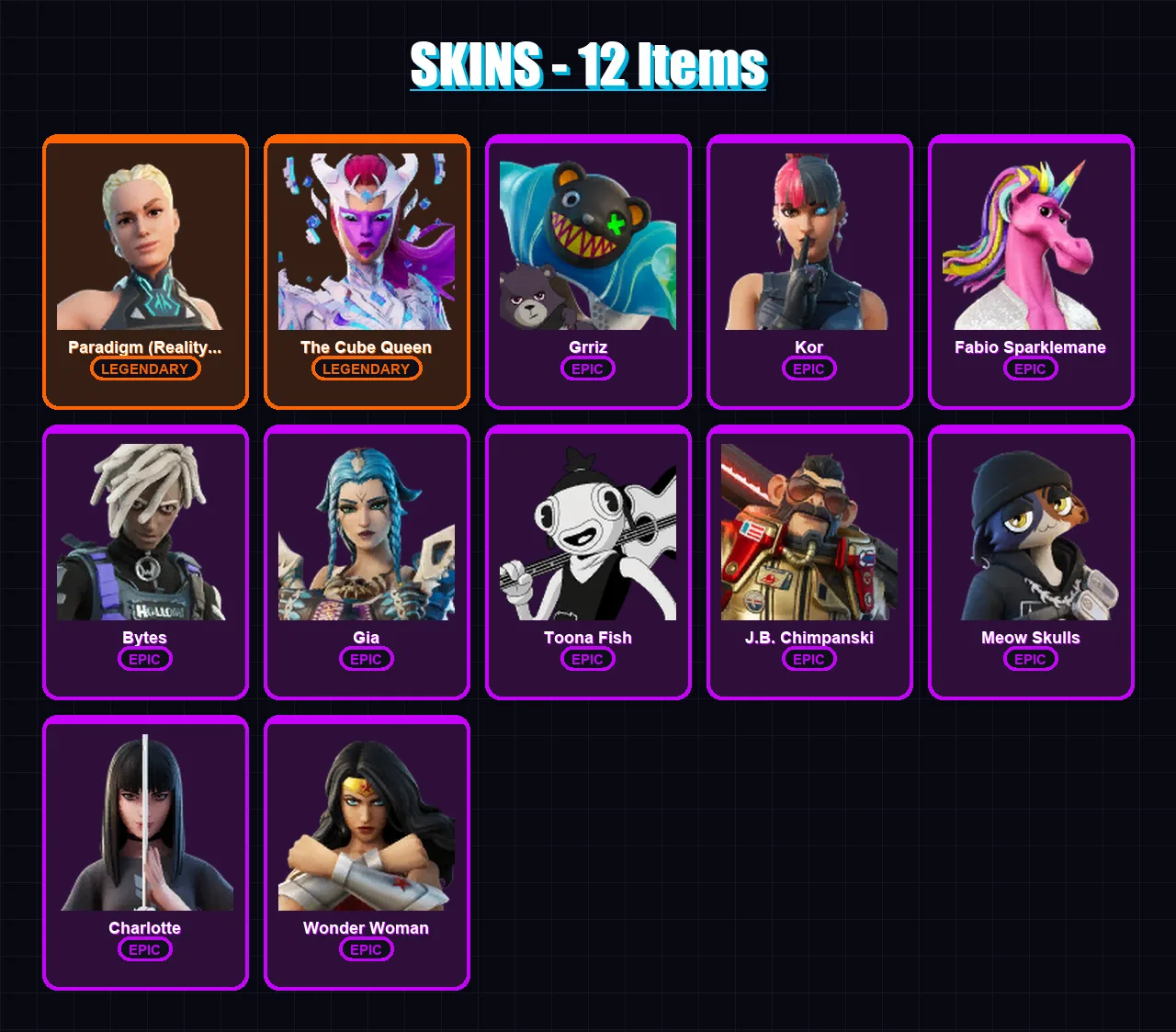[PC/XBOX] | Paradigm (Reality-659) | The Cube Queen | Grriz | Kor | Fabio Sparklemane | 12 skin | 19 pickaxe | 16 emote | 17 glider | Lv214