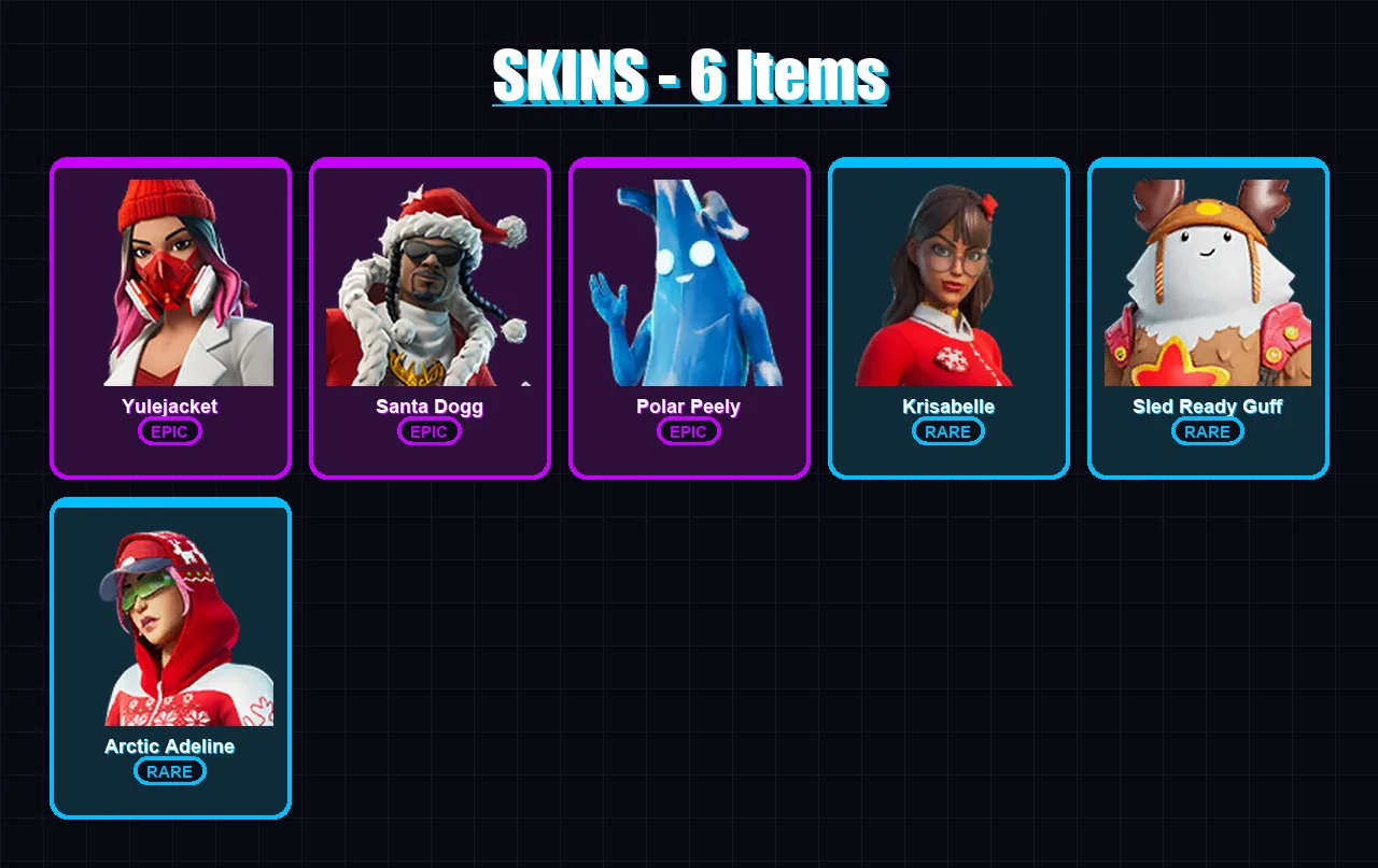 [PC/XBOX/PSN] | Yulejacket | Santa Dogg | Polar Peely | Krisabelle | Sled Ready Guff | 6 skin | 32 pickaxe | 13 emote | 21 glider | Lv199