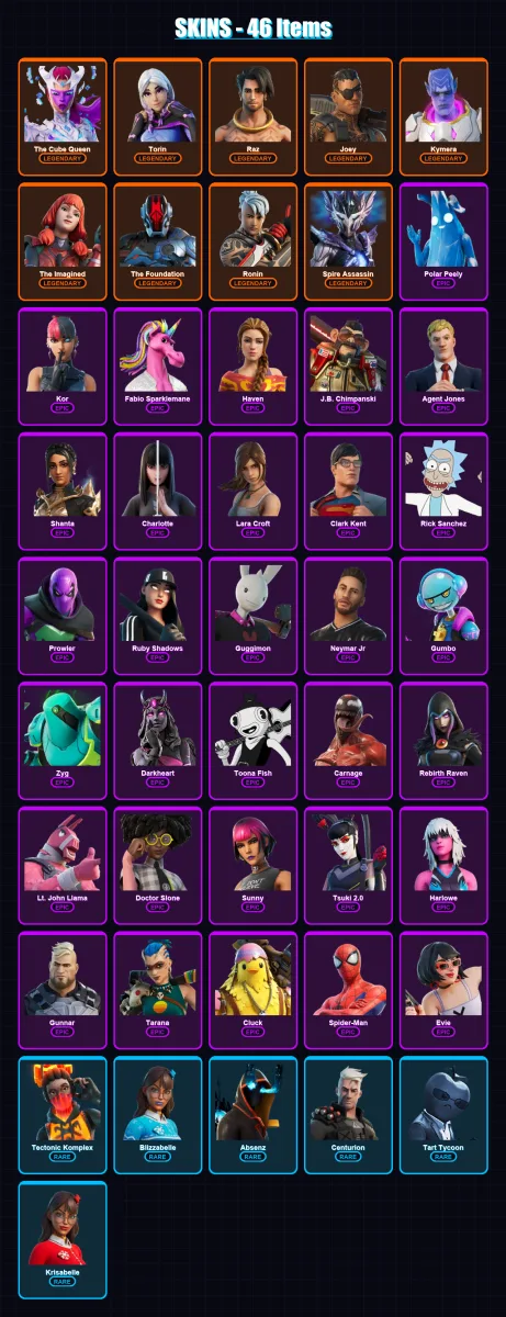 [PC/XBOX/PSN] | The Cube Queen | Torin | Raz | Joey | Kymera | 46 skin | 55 pickaxe | 33 emote | 50 glider | Lv834