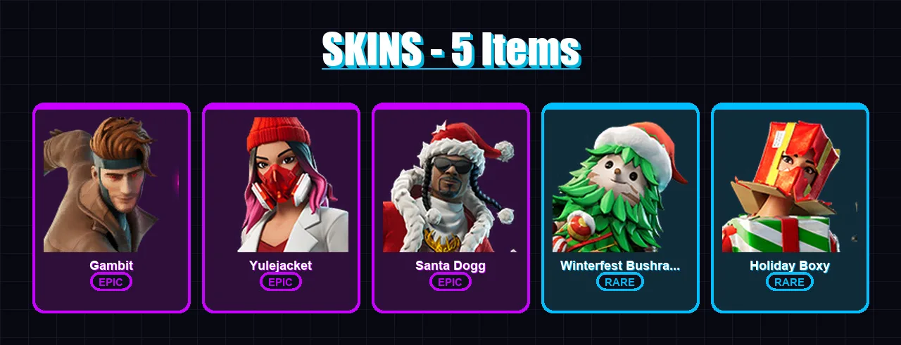 [PC/XBOX/PSN] | Gambit | Yulejacket | Santa Dogg | Winterfest Bushranger | Holiday Boxy | 5 skin | 16 pickaxe | 6 emote | 15 glider | Lv135