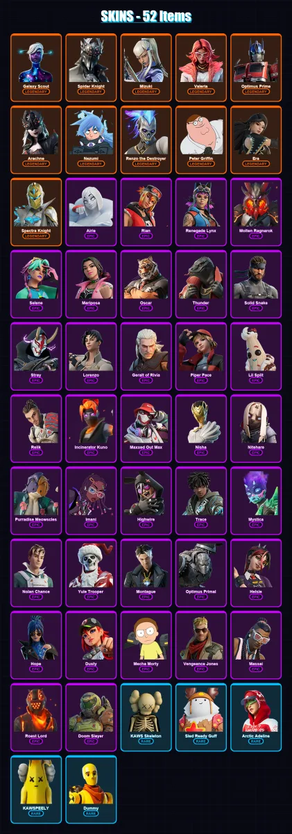 [PC/XBOX/PSN] | Galaxy Scout | Spider Knight | Mizuki | Valeria | Optimus Prime | 52 skin | 46 pickaxe | 48 emote | 46 glider | Lv492