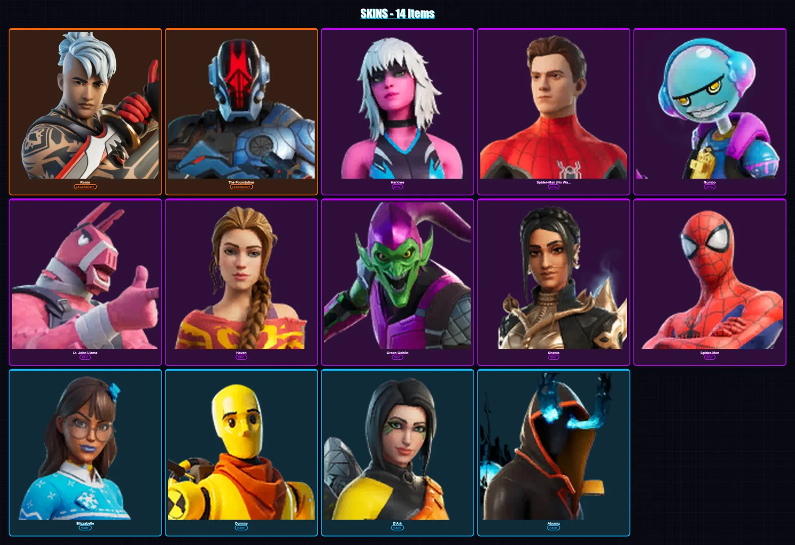 [PC/XBOX/PSN] | Ronin | The Foundation | Harlowe | Spider-Man (No Way Home) | Gumbo | 14 skin | 16 pickaxe | 15 emote | 11 glider | Lv131