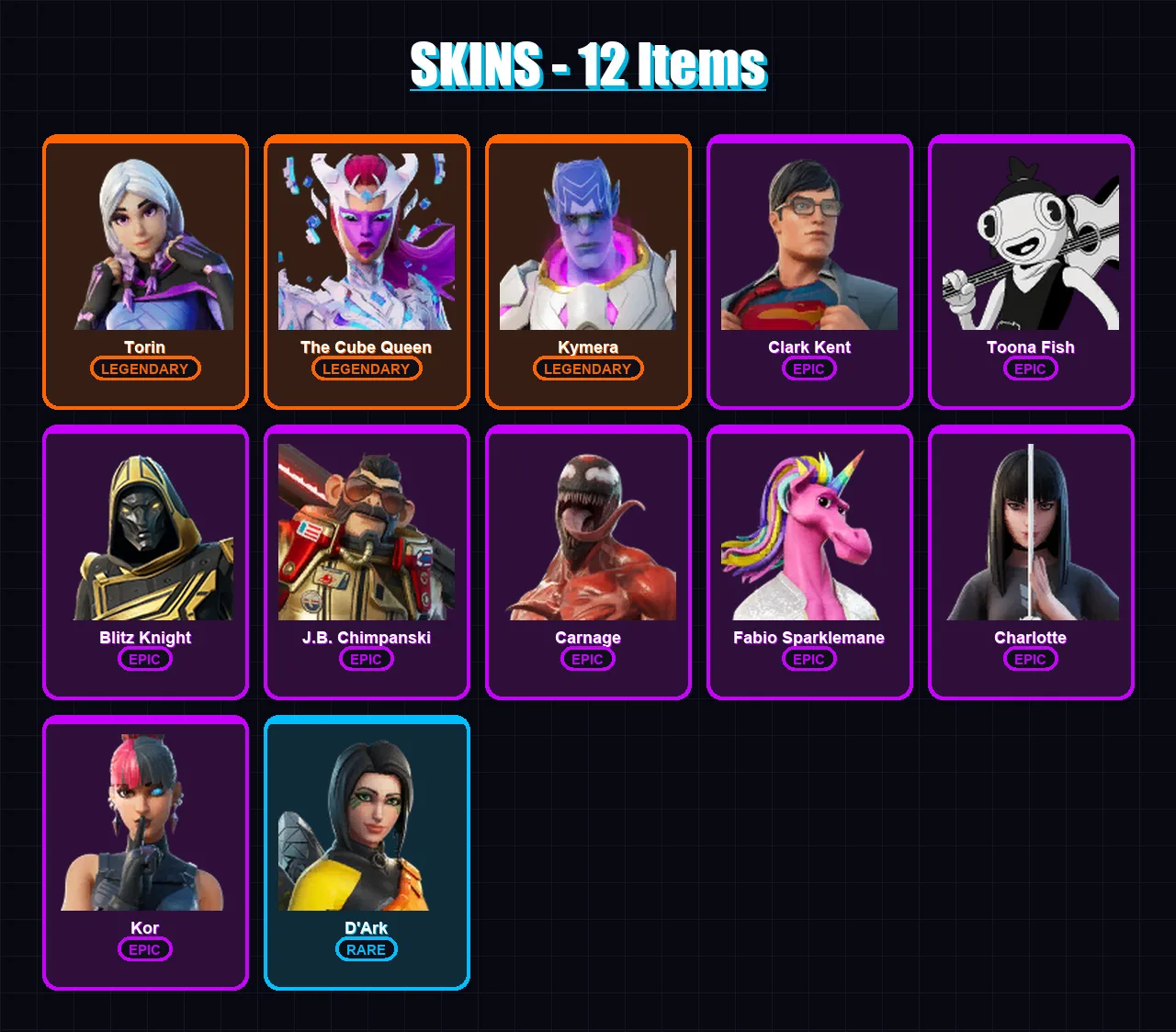 [PC/XBOX/PSN] | Torin | The Cube Queen | Kymera | Clark Kent | Toona Fish | 12 skin | 21 pickaxe | 10 emote | 12 glider | Lv205