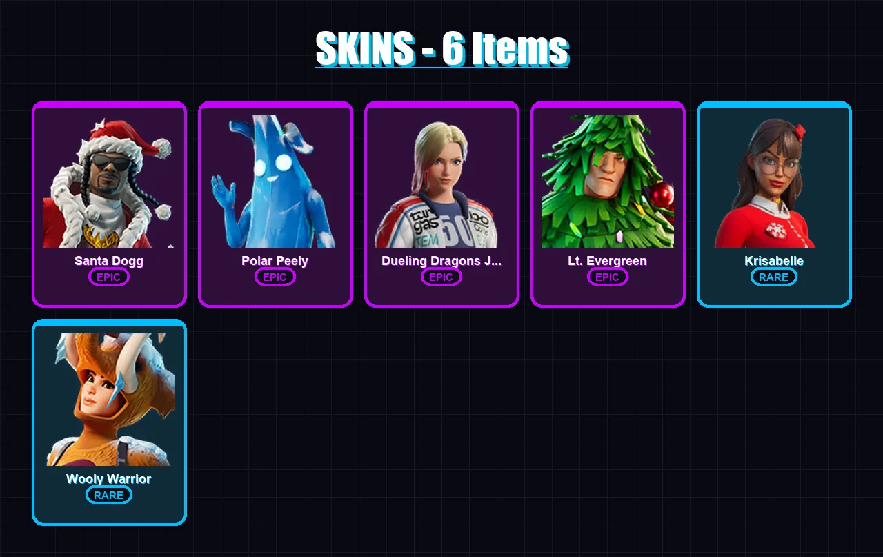 [PC/XBOX] | Santa Dogg | Polar Peely | Dueling Dragons Jackie | Lt. Evergreen | Krisabelle | 6 skin | 33 pickaxe | 27 emote | 31 glider | Lv496