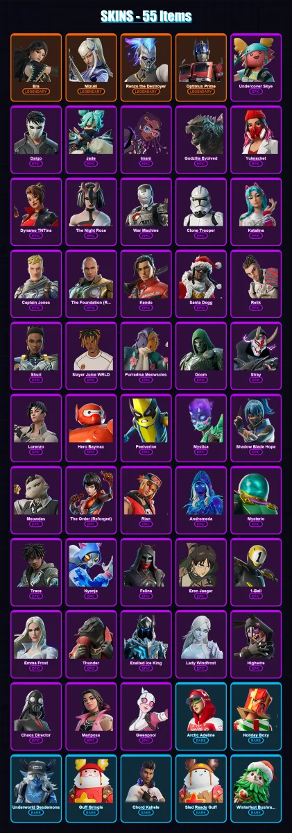[PC/XBOX/PSN] | Era | Mizuki | Renzo the Destroyer | Optimus Prime | Undercover Skye | 55 skin | 91 pickaxe | 58 emote | 71 glider | Lv959
