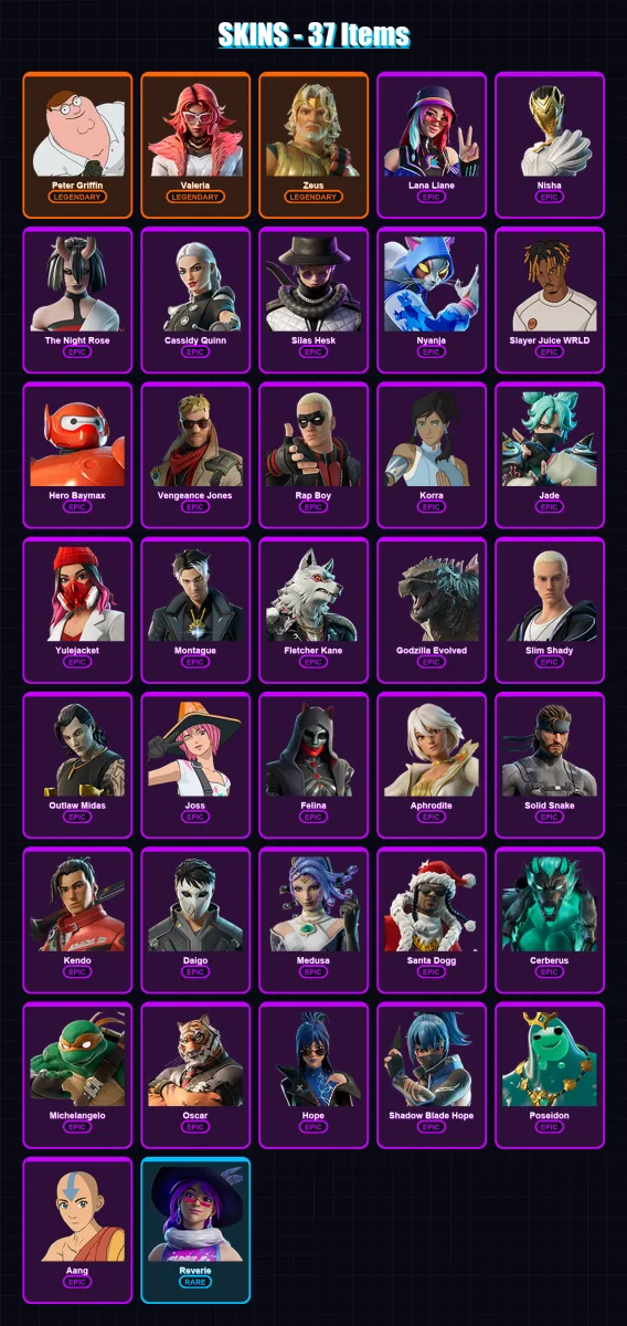 [PC/XBOX/PSN] | Peter Griffin | Valeria | Zeus | Lana Llane | Nisha | 37 skin | 61 pickaxe | 49 emote | 43 glider | Lv574