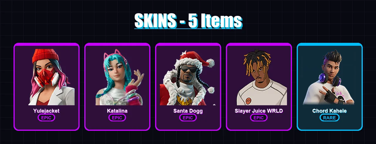 [PC/XBOX/PSN] | Yulejacket | Katalina | Santa Dogg | Slayer Juice WRLD | Chord Kahele | 5 skin | 8 pickaxe | 3 emote | 4 glider | Lv29