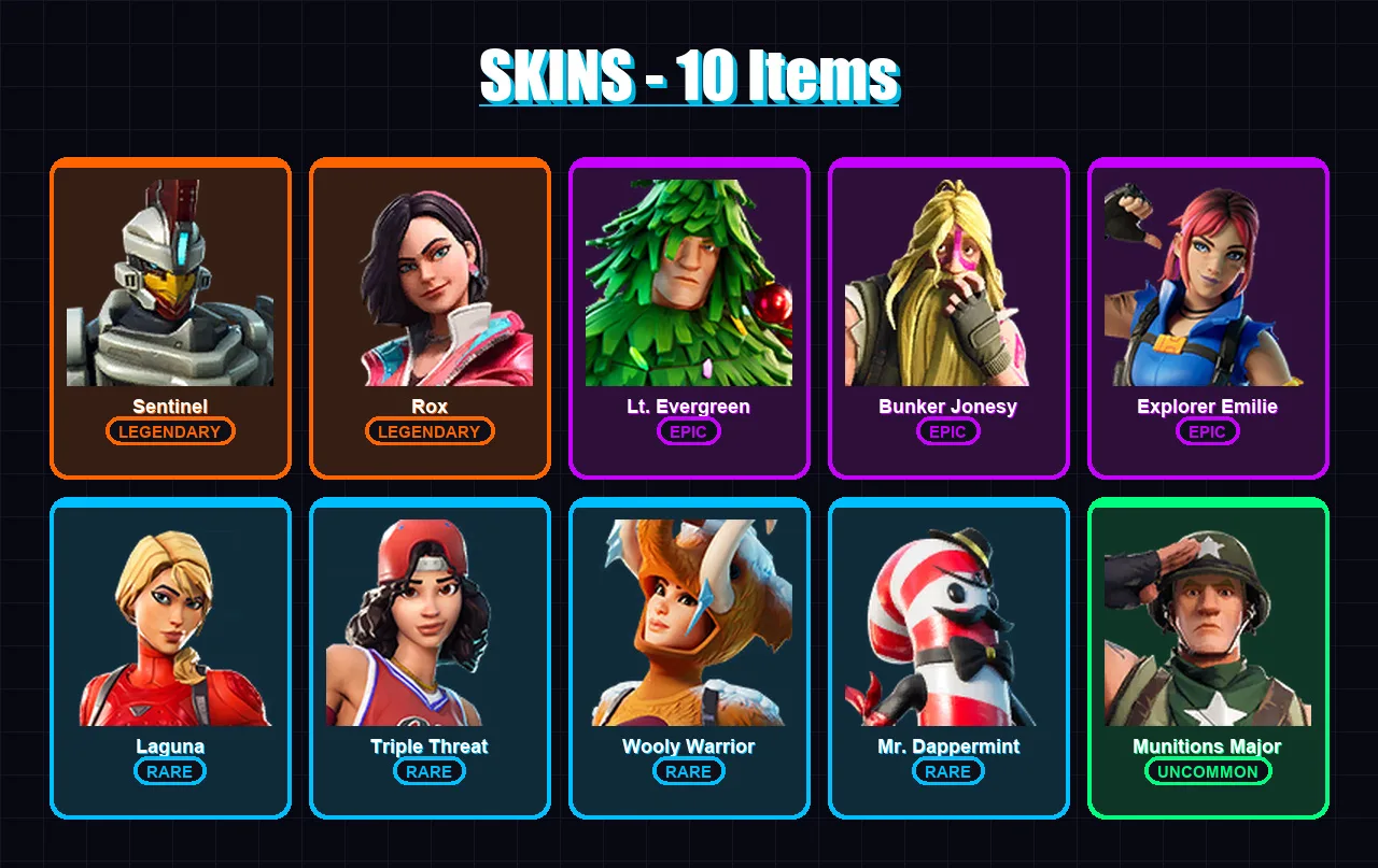 [PC/XBOX/PSN] | Sentinel | Rox | Lt. Evergreen | Bunker Jonesy | Explorer Emilie | 10 skin | 6 pickaxe | 14 emote | 11 glider | Lv170