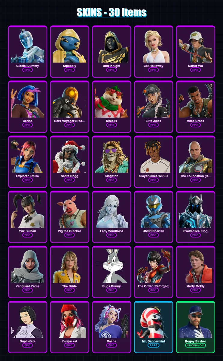 [PS4/PS5/XBOX/PC] | Glacial Dummy | Squibbly | Blitz Knight | Cat Holloway | Carter Wu | 30 skin | 97 pickaxe | 45 emote | 61 glider | Lv1408