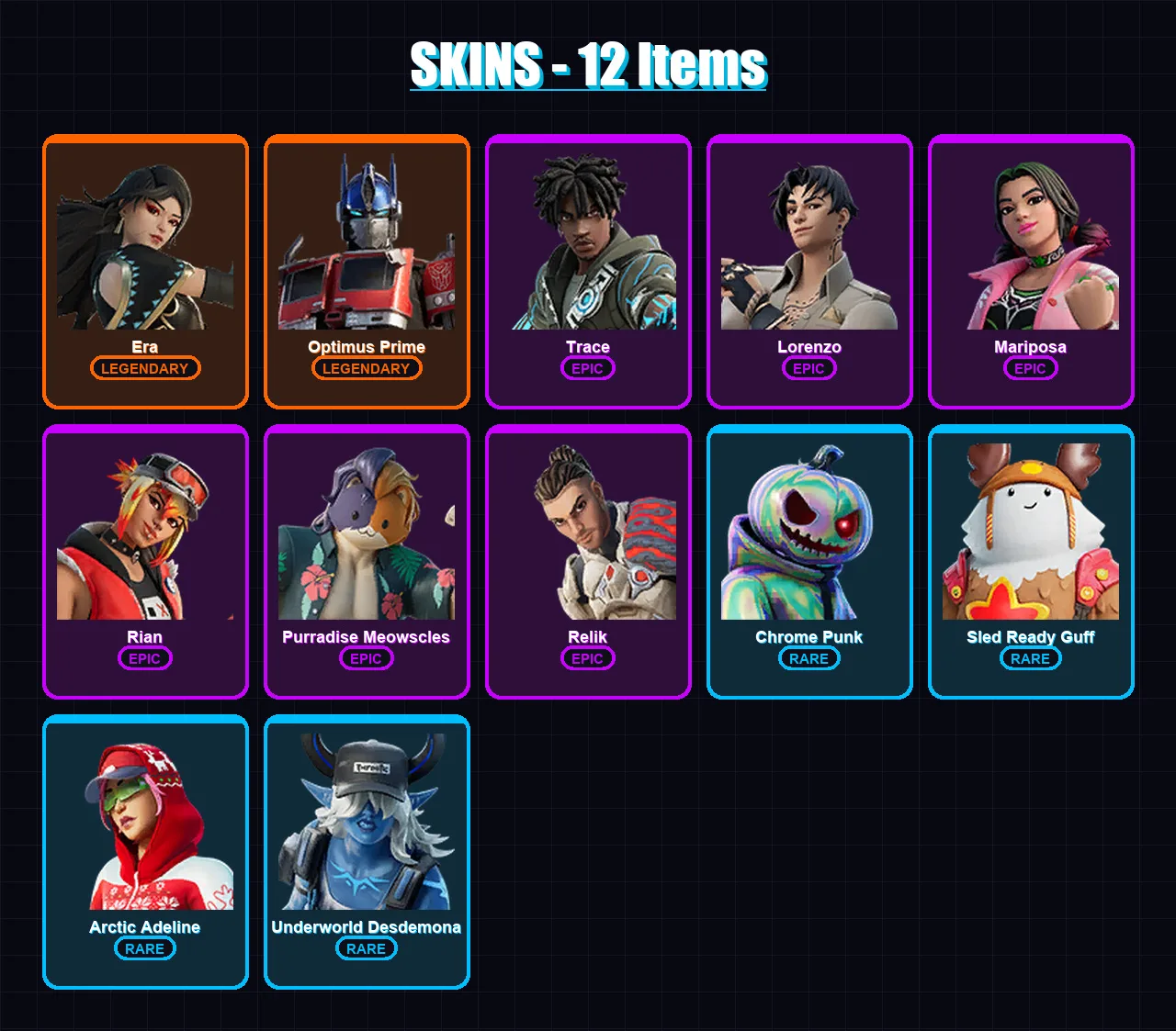[PS4/PS5/XBOX/PC] | Era | Optimus Prime | Trace | Lorenzo | Mariposa | 12 skin | 20 pickaxe | 18 emote | 25 glider | Lv588 — Fortnite account