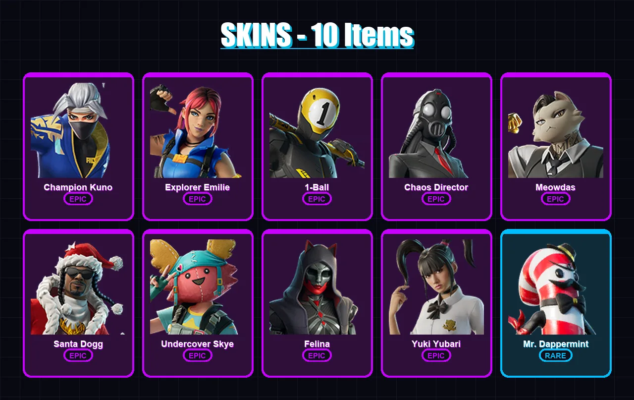 [PC/XBOX/PSN] | Champion Kuno | Explorer Emilie | 1-Ball | Chaos Director | Meowdas | 10 skin | 41 pickaxe | 17 emote | 23 glider | Lv404 — Game account