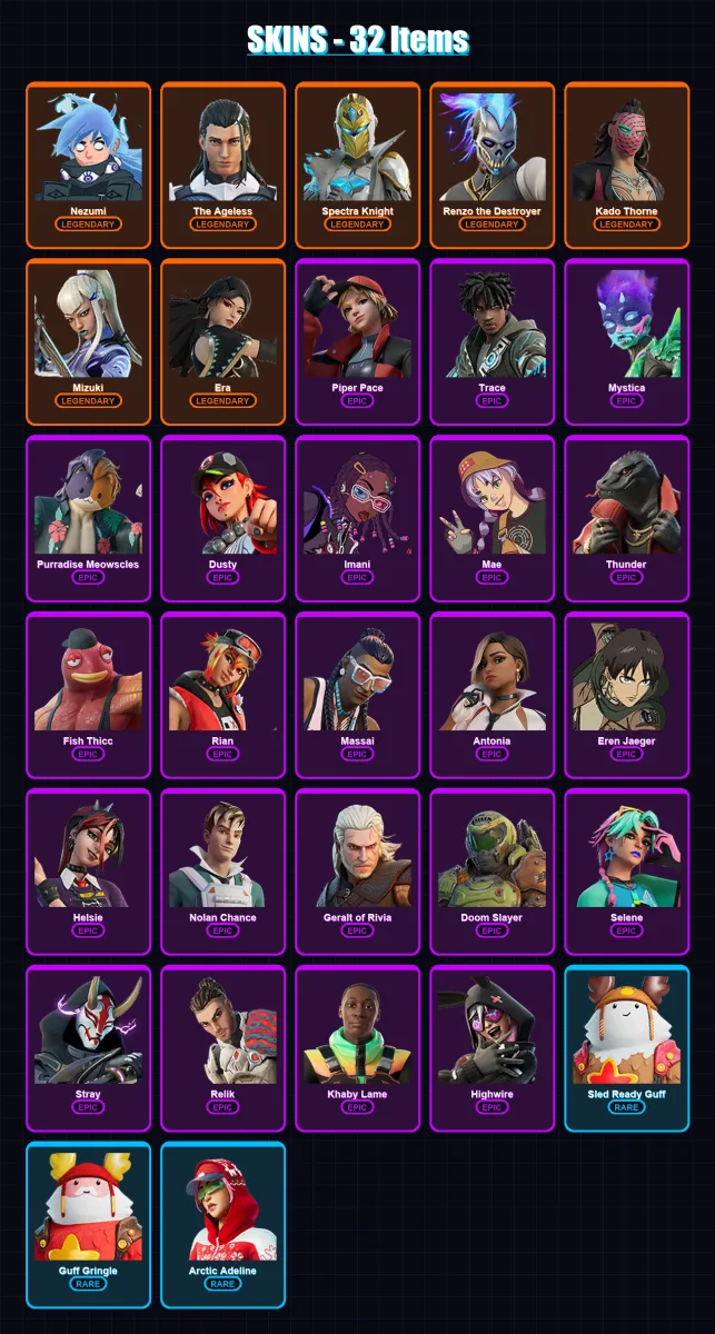 [PC/XBOX/PSN] | Nezumi | The Ageless | Spectra Knight | Renzo the Destroyer | Kado Thorne | 32 skin | 33 pickaxe | 26 emote | 36 glider | Lv506