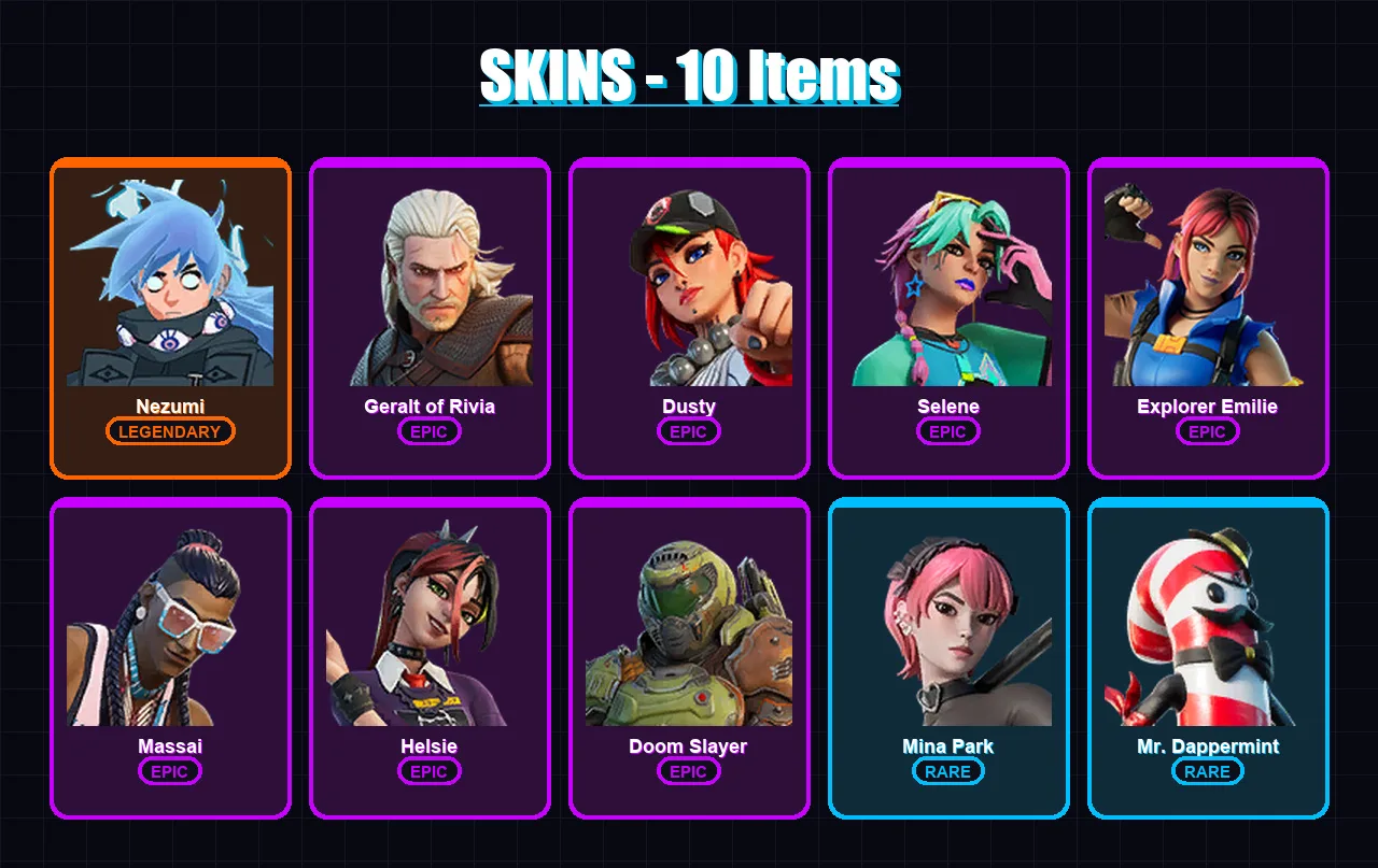 [PC/PSN] | Nezumi | Geralt of Rivia | Dusty | Selene | Explorer Emilie | 10 skin | 13 pickaxe | 9 emote | 13 glider | Lv153