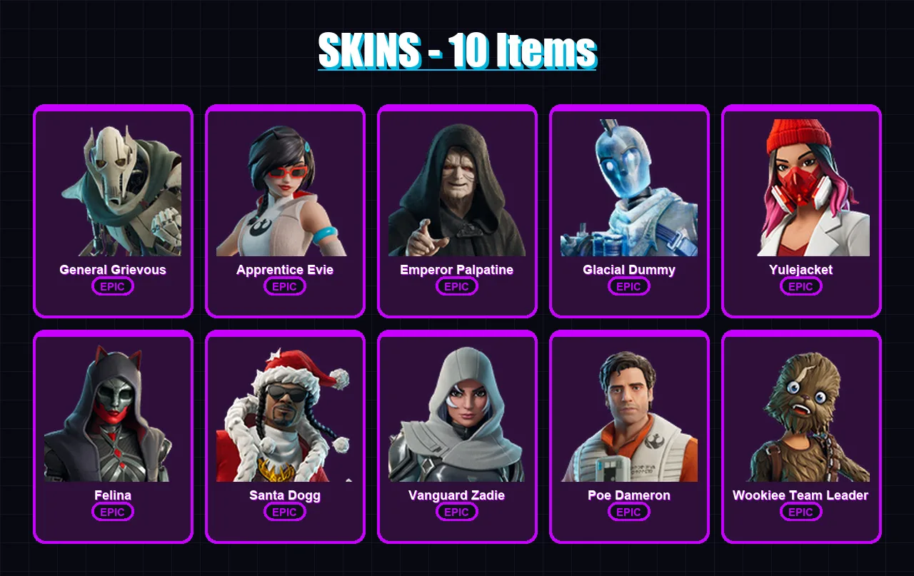 [PC/PSN] | General Grievous | Apprentice Evie | Emperor Palpatine | Glacial Dummy | Yulejacket | 10 skin | 59 pickaxe | 23 emote | 33 glider | Lv453 — Fortnite account
