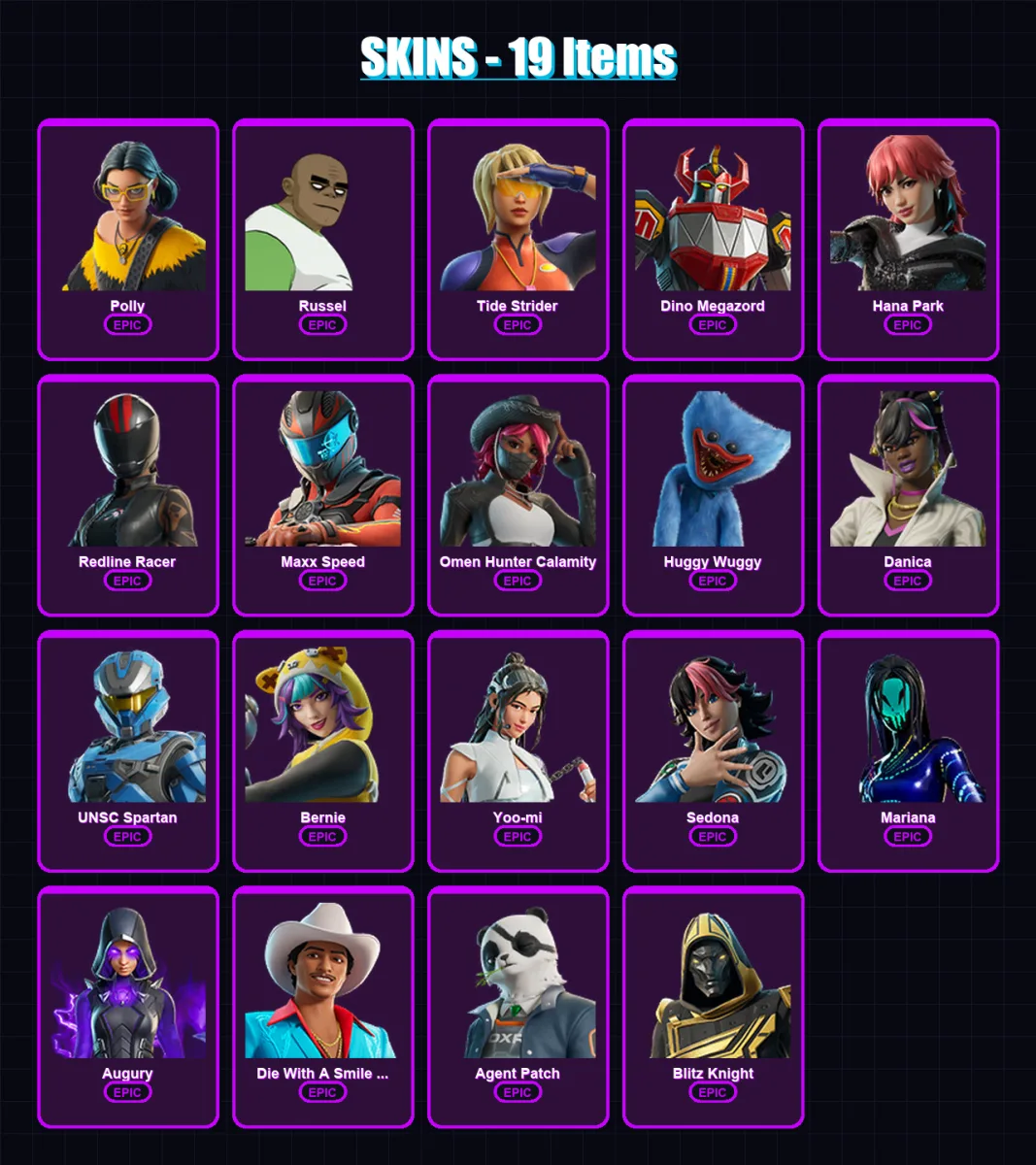 [PC/XBOX/PSN] | Polly | Russel | Tide Strider | Dino Megazord | Hana Park | 19 skin | 26 pickaxe | 17 emote | 13 glider | Lv81