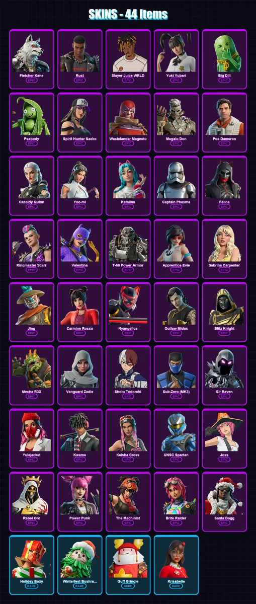 [PC/PSN] | Fletcher Kane | Rust | Slayer Juice WRLD | Yuki Yubari | Big Dill | 44 skin | 94 pickaxe | 60 emote | 64 glider | Lv758