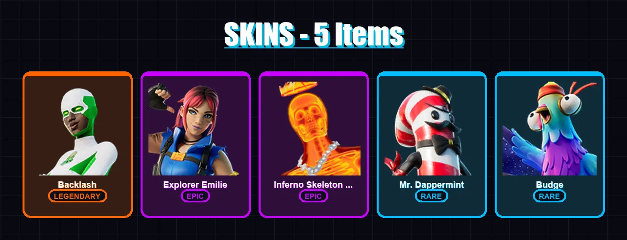 [PC/XBOX/PSN] | Backlash | Explorer Emilie | Inferno Skeleton Balvin | Mr. Dappermint | Budge | 5 skin | 7 pickaxe | 5 emote | 8 glider | Lv160