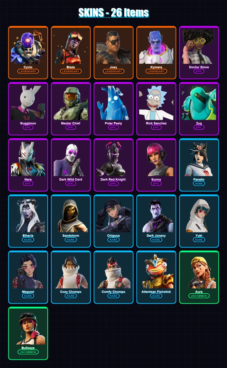 [SWITCH/XBOX/PSN/PC] | Cyclo | Blaze | Joey | Kymera | Doctor Slone | 26 skin | 17 pickaxe | 37 emote | 18 glider | Lv331