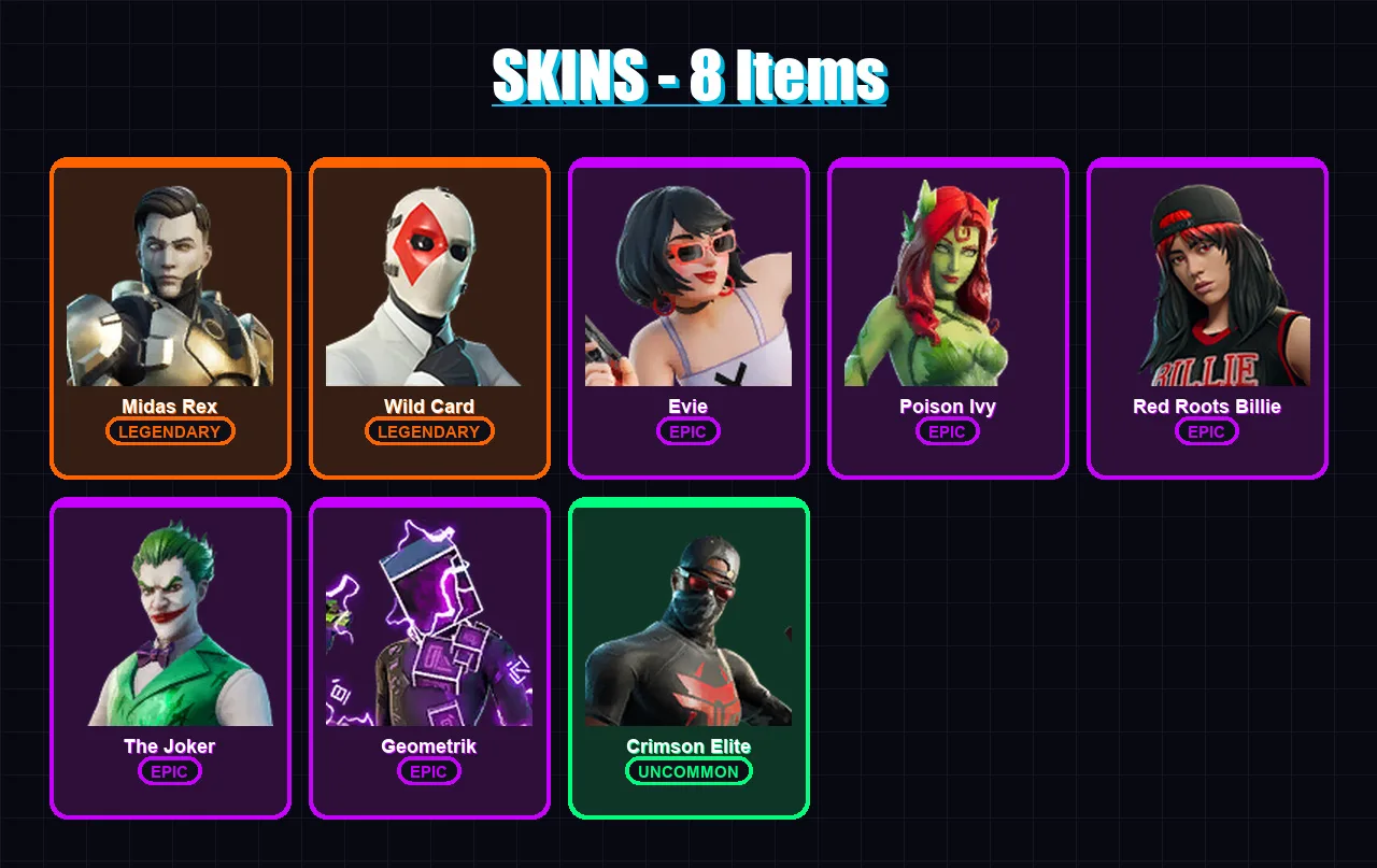 [PC/PSN] | Midas Rex | Wild Card | Evie | Poison Ivy | Red Roots Billie | 8 skin | 12 pickaxe | 14 emote | 8 glider | Lv147