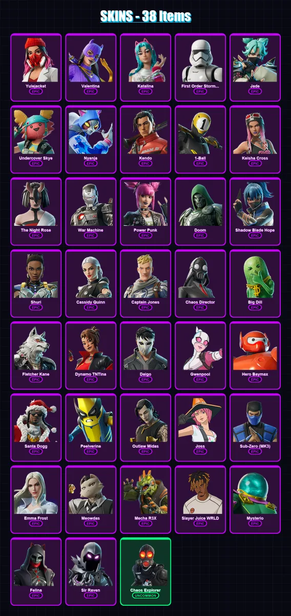 [PC/XBOX/PSN] | Yulejacket | Valentina | Katalina | First Order Stormtrooper | Jade | 38 skin | 56 pickaxe | 46 emote | 46 glider | Lv579 — Fortnite account