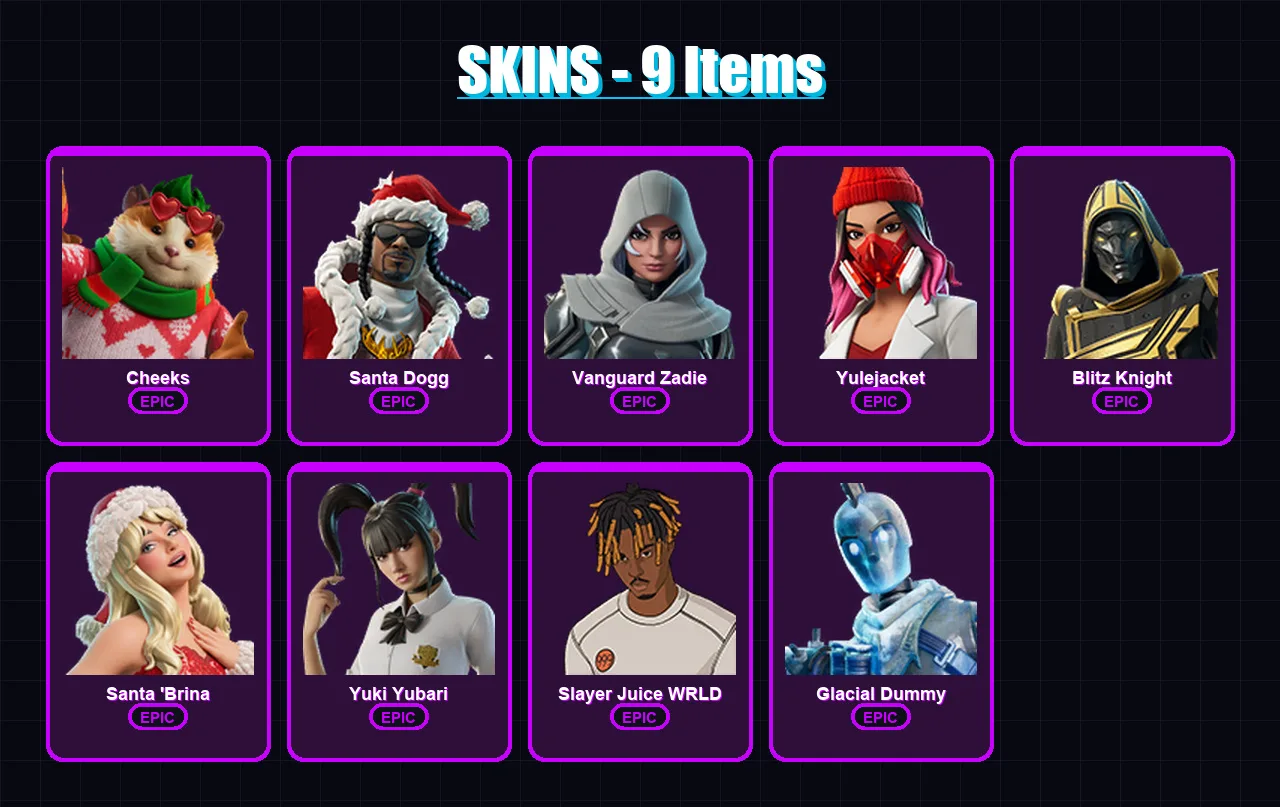 [PC/PSN] | Cheeks | Santa Dogg | Vanguard Zadie | Yulejacket | Blitz Knight | 9 skin | 72 pickaxe | 28 emote | 55 glider | Lv1108
