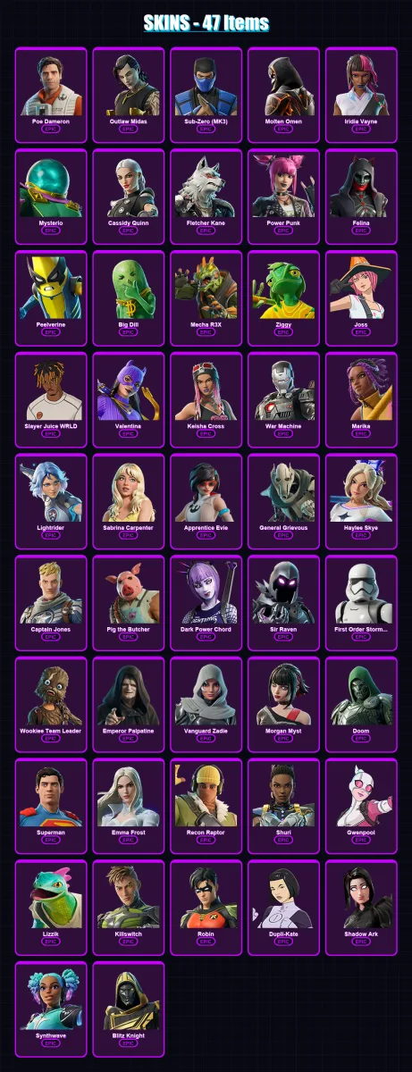 [PC/XBOX/PSN] | Poe Dameron | Outlaw Midas | Sub-Zero (MK3) | Molten Omen | Iridia Vayne | 47 skin | 80 pickaxe | 58 emote | 56 glider | Lv955 — Game account