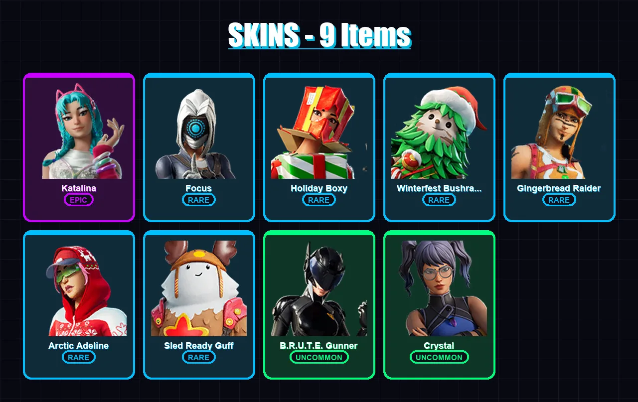 [PC/XBOX/PSN] | Katalina | Focus | Holiday Boxy | Winterfest Bushranger | Gingerbread Raider | 9 skin | 10 pickaxe | 6 emote | 11 glider | Lv108