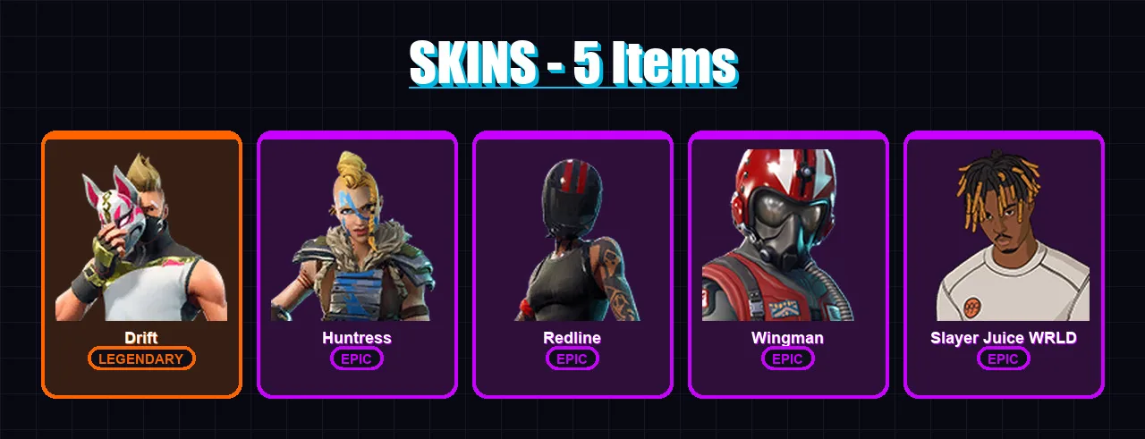 [PC/PSN] | Drift | Huntress | Redline | Wingman | Slayer Juice WRLD | 5 skin | 11 pickaxe | 10 emote | 11 glider | Lv176