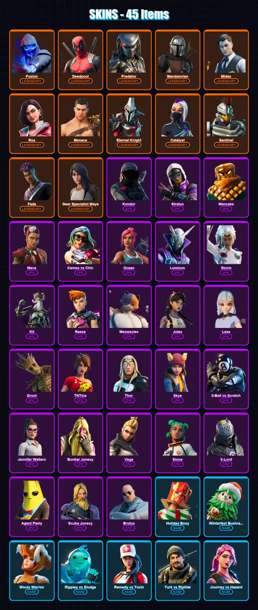 [PC/XBOX/PSN] | Fusion | Deadpool | Predator | Mandalorian | Midas | 45 skin | 48 pickaxe | 51 emote | 55 glider | Lv804