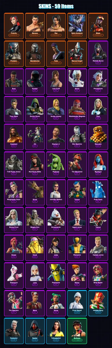 [PC/XBOX/PSN] | Polarity | Menace | Raz | Spire Assassin | Blaze | 59 skin | 77 pickaxe | 61 emote | 69 glider | Lv1359