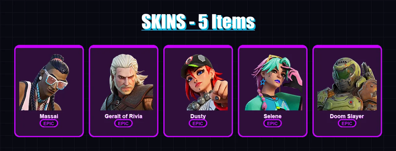 [PC/XBOX/PSN] | Massai | Geralt of Rivia | Dusty | Selene | Doom Slayer | 5 skin | 9 pickaxe | 9 emote | 8 glider | Lv90