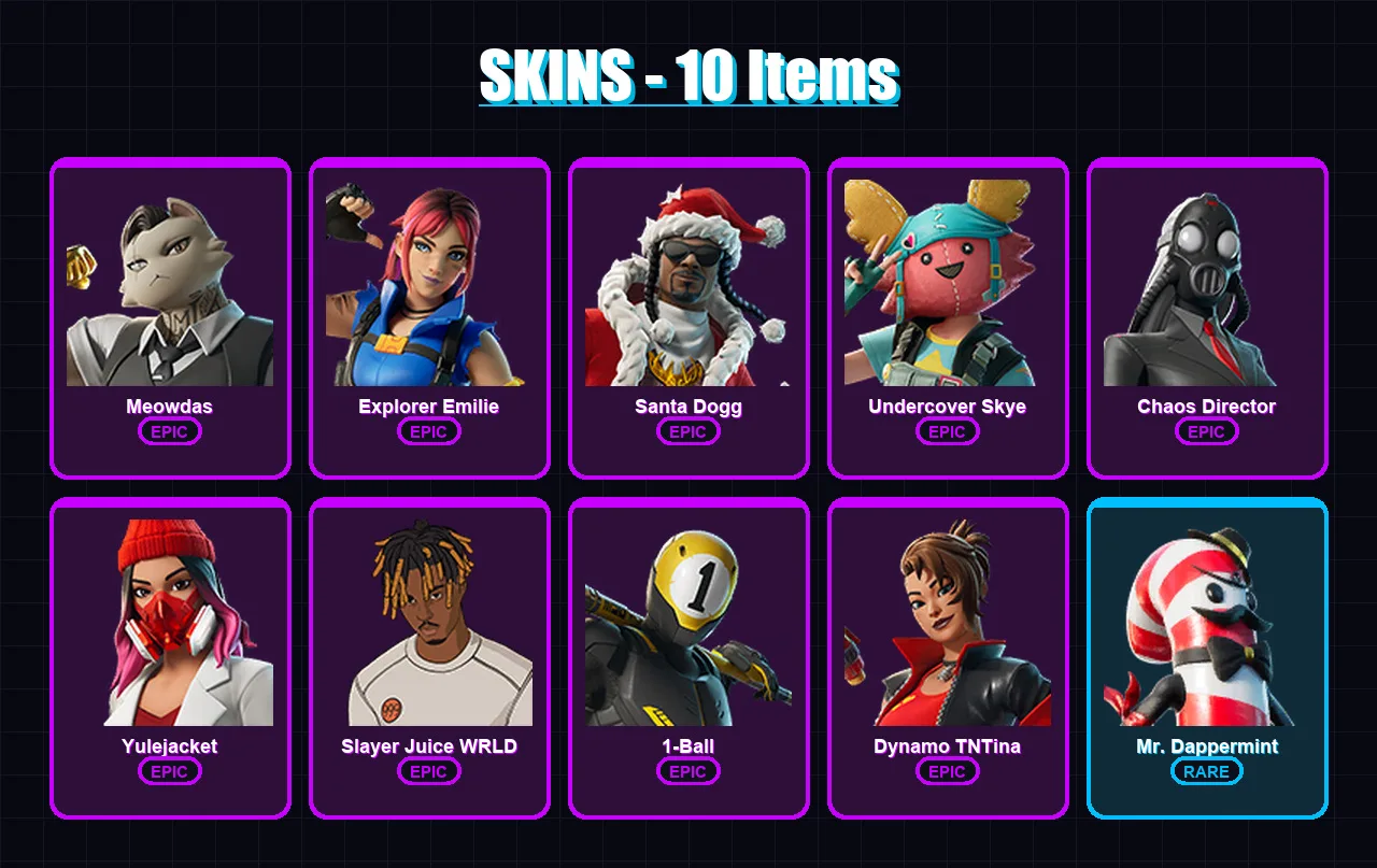 [PC/XBOX/PSN] | Meowdas | Explorer Emilie | Santa Dogg | Undercover Skye | Chaos Director | 10 skin | 20 pickaxe | 10 emote | 15 glider | Lv168