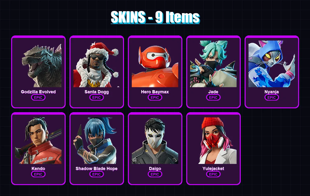 [PC/XBOX/PSN] | Godzilla Evolved | Santa Dogg | Hero Baymax | Jade | Nyanja | 9 skin | 16 pickaxe | 12 emote | 13 glider | Lv109