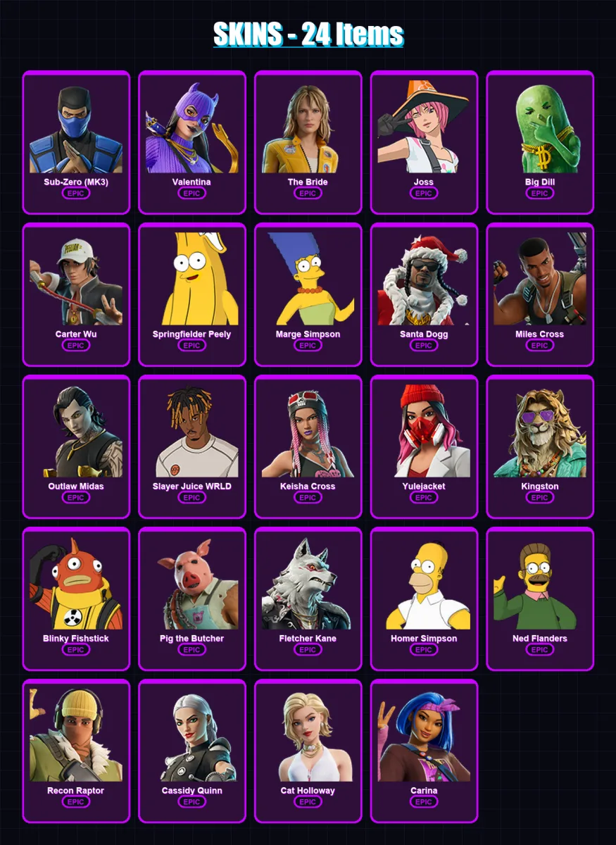 [PS4/PS5/XBOX/PC] | Sub-Zero (MK3) | Valentina | The Bride | Joss | Big Dill | 24 skin | 70 pickaxe | 34 emote | 45 glider | Lv519