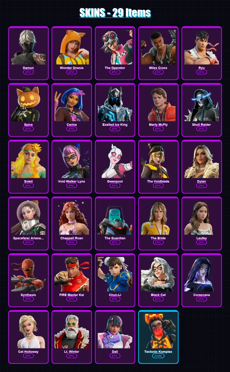 [PC] | Damon | Wonder Onesie | The Operator | Miles Cross | Ryu | 29 skin | 35 pickaxe | 20 emote | 20 glider | Lv174