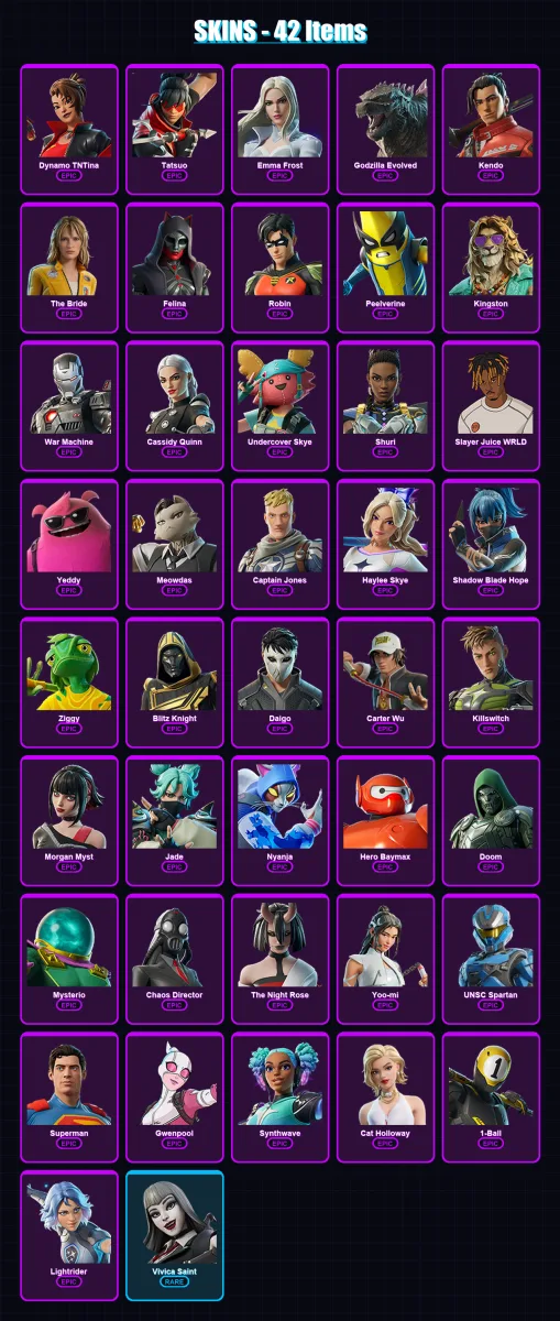 [PC/PSN] | Dynamo TNTina | Tatsuo | Emma Frost | Godzilla Evolved | Kendo | 42 skin | 75 pickaxe | 49 emote | 53 glider | Lv645