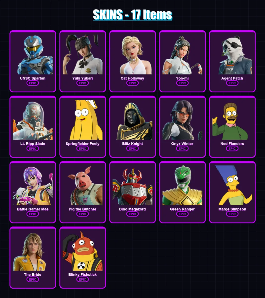 [PS4/PS5/XBOX/PC] | UNSC Spartan | Yuki Yubari | Cat Holloway | Yoo-mi | Agent Patch | 17 skin | 42 pickaxe | 26 emote | 26 glider | Lv301