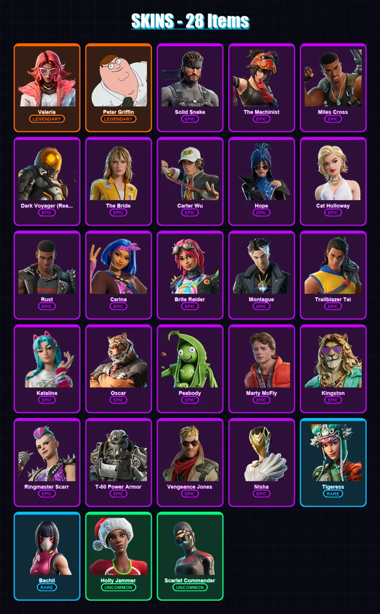 [PC/XBOX/PSN] | Valeria | Peter Griffin | Solid Snake | The Machinist | Miles Cross | 28 skin | 38 pickaxe | 26 emote | 31 glider | Lv370