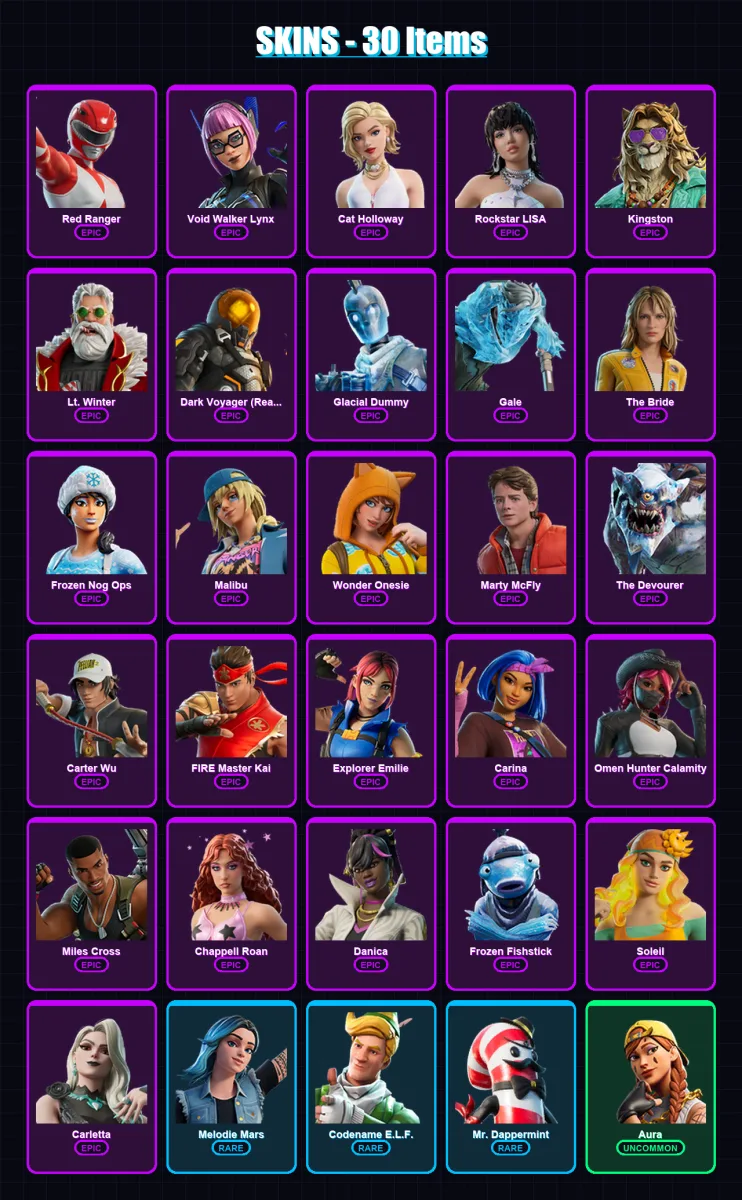 [PC/PSN] | Red Ranger | Void Walker Lynx | Cat Holloway | Rockstar LISA | Kingston | 30 skin | 30 pickaxe | 21 emote | 20 glider | Lv167