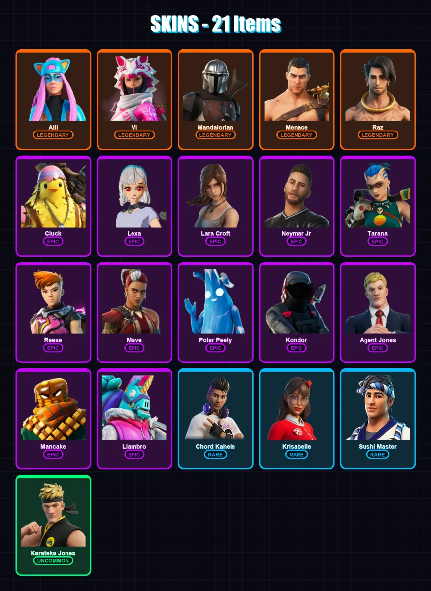 [PC/XBOX/PSN] | Alli | Vi | Mandalorian | Menace | Raz | 21 skin | 28 pickaxe | 20 emote | 25 glider | Lv359