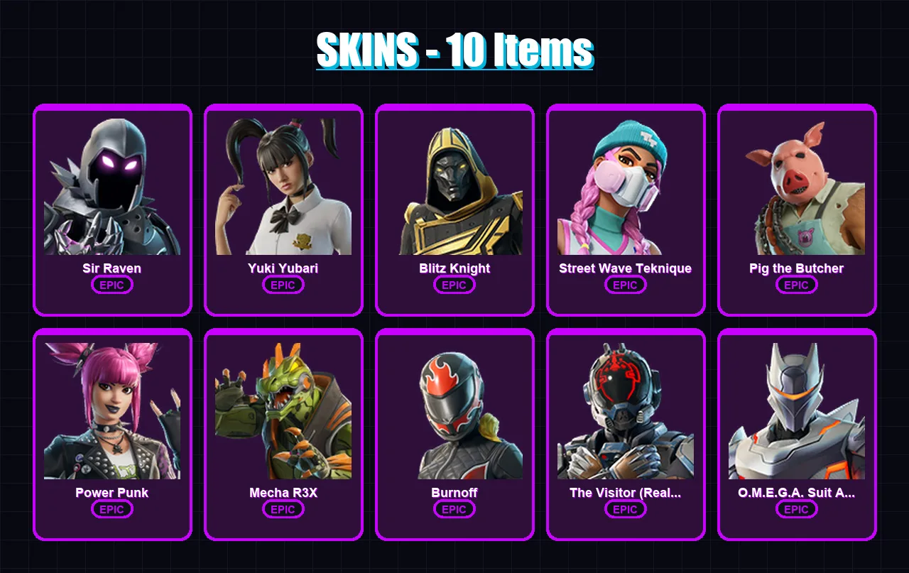 [PC/PSN] | Sir Raven | Yuki Yubari | Blitz Knight | Street Wave Teknique | Pig the Butcher | 10 skin | 34 pickaxe | 21 emote | 24 glider | Lv272