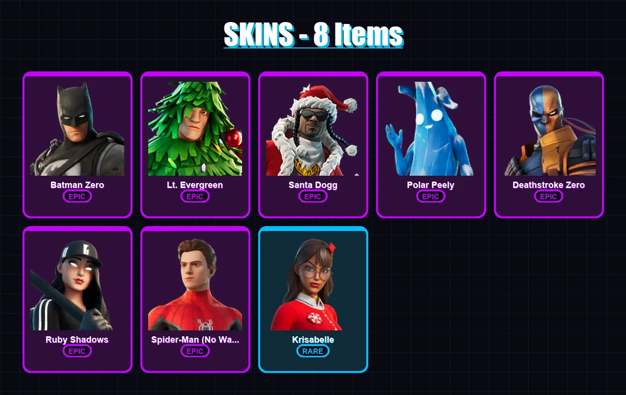 [PS4/PS5/XBOX/PC] | Batman Zero | Lt. Evergreen | Santa Dogg | Polar Peely | Deathstroke Zero | 8 skin | 25 pickaxe | 19 emote | 21 glider | Lv210