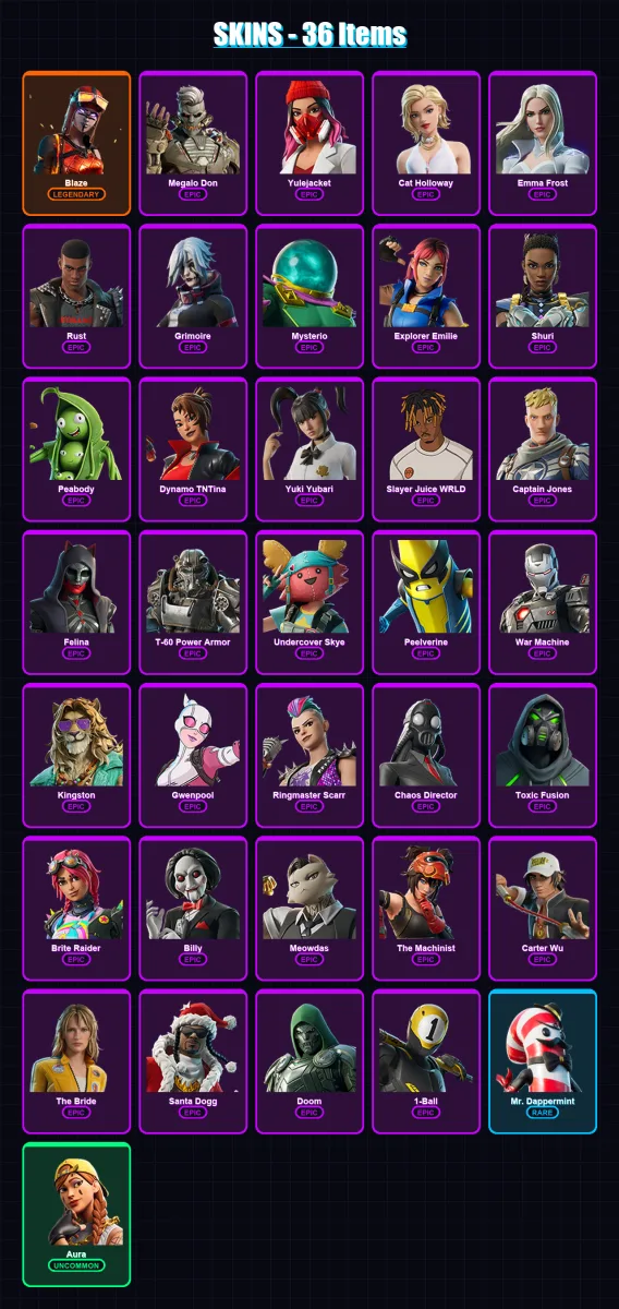 [PC/XBOX] | Blaze | Megalo Don | Yulejacket | Cat Holloway | Emma Frost | 36 skin | 74 pickaxe | 60 emote | 56 glider | Lv1239 — Fortnite account