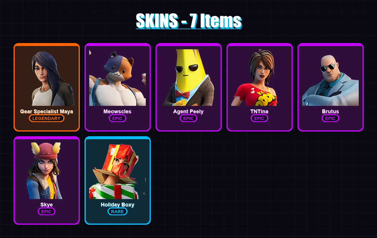 [PC/XBOX/PSN] | Gear Specialist Maya | Meowscles | Agent Peely | TNTina | Brutus | 7 skin | 16 pickaxe | 19 emote | 20 glider | Lv320