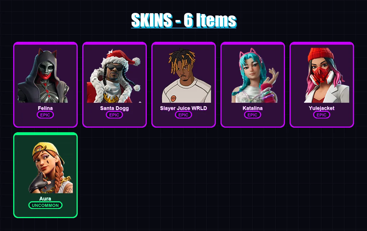 [PC/XBOX/PSN] | Felina | Santa Dogg | Slayer Juice WRLD | Katalina | Yulejacket | 6 skin | 41 pickaxe | 24 emote | 29 glider | Lv791