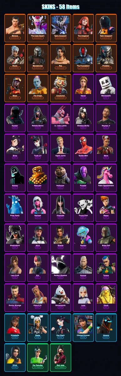 [PS4/PS5/XBOX/PC] | Menace | The Cube Queen | Spire Assassin | The Imagined | Dark Vanguard | 58 skin | 66 pickaxe | 71 emote | 53 glider | Lv858