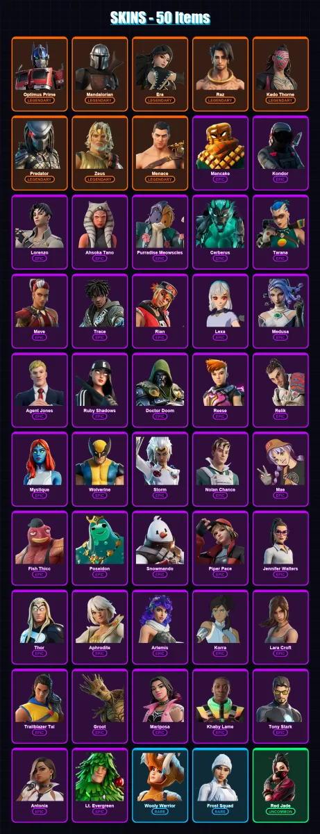 [PC/XBOX/PSN] | Optimus Prime | Mandalorian | Era | Raz | Kado Thorne | 50 skin | 69 pickaxe | 51 emote | 64 glider | Lv1076