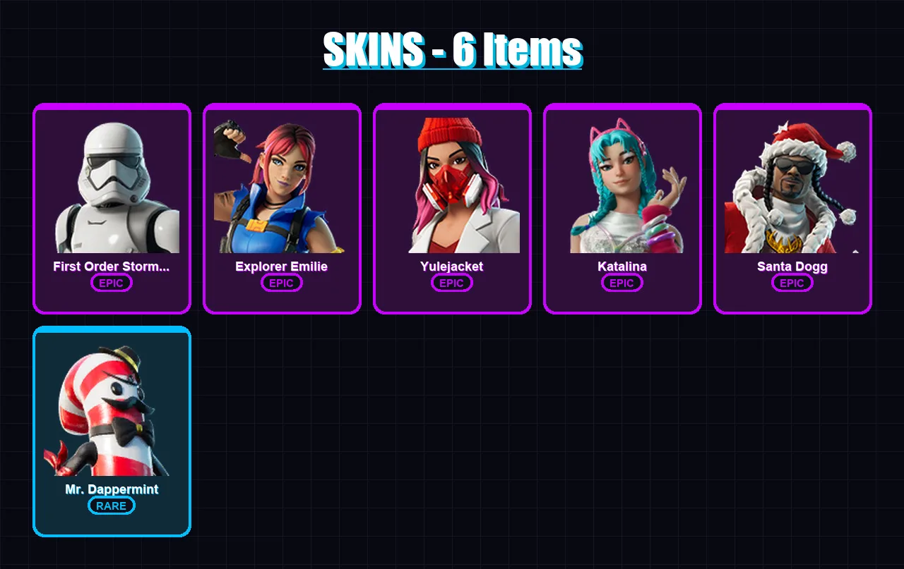 [PC/XBOX/PSN] | First Order Stormtrooper | Explorer Emilie | Yulejacket | Katalina | Santa Dogg | 6 skin | 14 pickaxe | 6 emote | 11 glider | Lv96