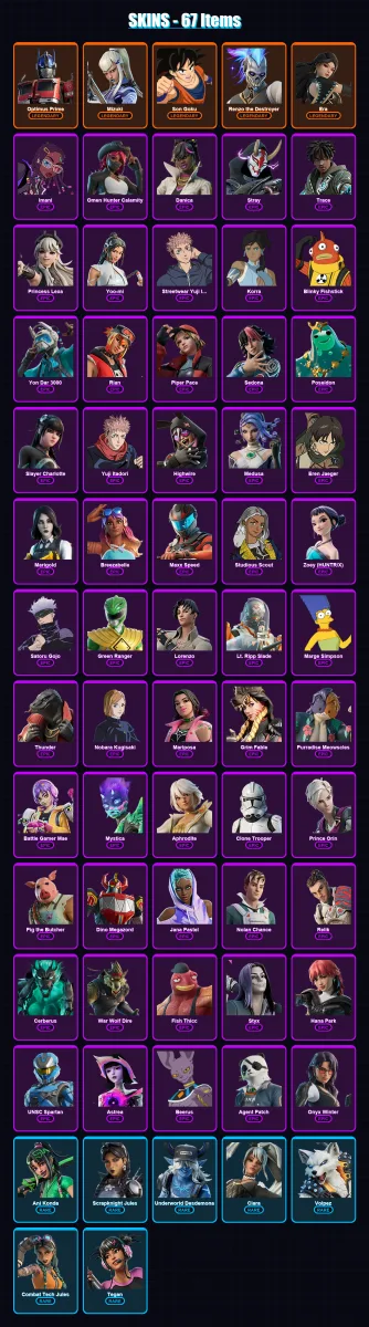 [PC/PSN] | Optimus Prime | Mizuki | Son Goku | Renzo the Destroyer | Era | 67 skin | 82 pickaxe | 69 emote | 53 glider | Lv657